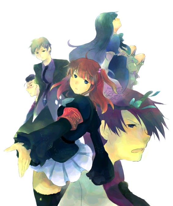 frederica bernkastel, ushiromiya ange, ushiromiya battler, ushiromiya kyrie, ushiromiya rudolf, umineko no naku koro ni, painting (medium), traditional media, watercolor (medium), 00s, 2boys, 3girls, ahoge, angry, armband, back, belt, black hair, blue eyes, blue hair, bow, brother and sister, cat tail, dress, frills, hair bobbles, hair ornament, hair over eyes, jacket, long hair, looking back, multiple boys, multiple girls, necktie, purple eyes, red hair, shoes, short hair, siblings, tail, tail bow, tail ornament, thighhighs, twintails, zettai ryouiki