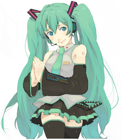 akusyu, hatsune miku, vocaloid, bad id, bad pixiv id, lowres, 1girl, aqua hair, blush, detached sleeves, female focus, green nails, hair ornament, headset, long hair, miniskirt, nail polish, necktie, pleated skirt, shy, skirt, smile, solo, thighhighs, twintails, very long hair, zettai ryouiki