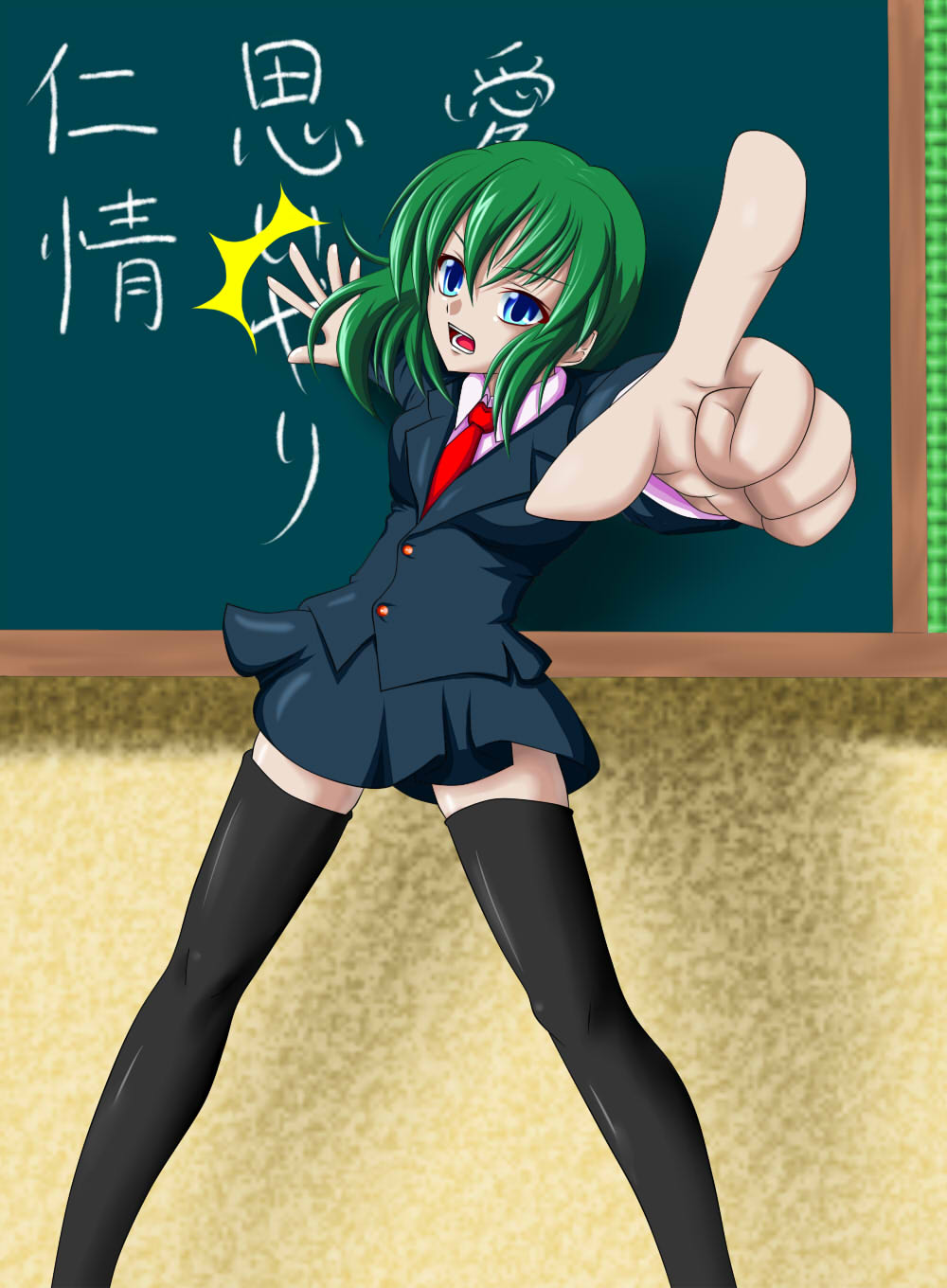 ichi-naoyosh, ichi-naoyoshi, shiki eiki, touhou, highres, 1girl, alternate costume, bad anatomy, blue eyes, chalkboard, female focus, green hair, pointing, poorly drawn, school uniform, solo, thighhighs, zettai ryouiki