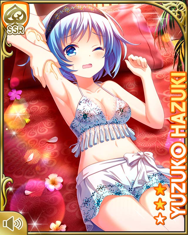 qp:flapper, hazuki yuzuko, girlfriend (kari), official art, tagme, 1girl, ;o, bare arms, bare legs, barefoot, blue eyes, blue hair, bra, card, character name, day, indoors, lying, midriff, navel, on back, one eye closed, open mouth, short hair, shorts, solo, spa, underwear, white bra, white shorts