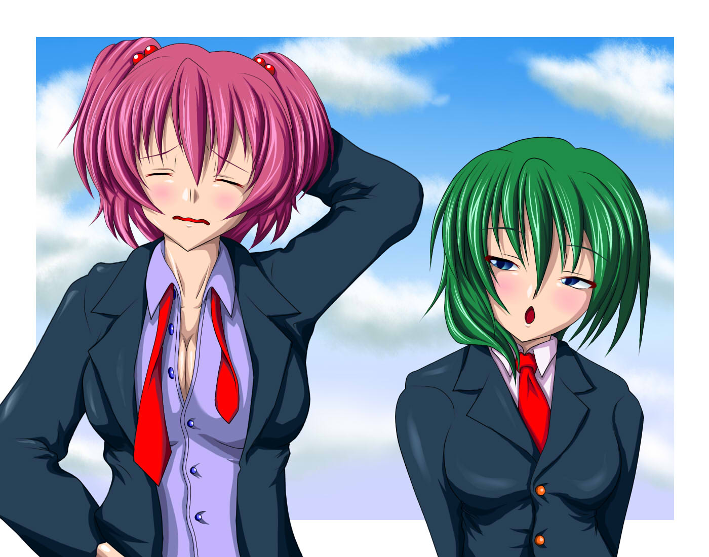 ichi-naoyosh, ichi naoyoshi, onozuka komachi, shiki eiki, touhou, 2girls, female focus, multiple girls, school uniform