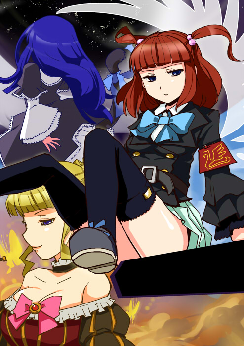 beatrice (umineko), frederica bernkastel, ushiromiya ange, umineko no naku koro ni, bad id, bad pixiv id, 00s, armband, back, blonde hair, blue eyes, blue hair, bug, butterfly, cat tail, choker, dress, frills, hair bobbles, hair ornament, insect, jacket, long hair, night, red hair, ribbon, tail, thighhighs, town, twintails, zettai ryouiki