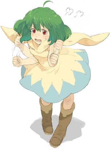 akusyu, ranka lee, macross, macross frontier, 00s, ahoge, blush, boots, dress, green hair, pout, red eyes, scarf, solo, sweatdrop
