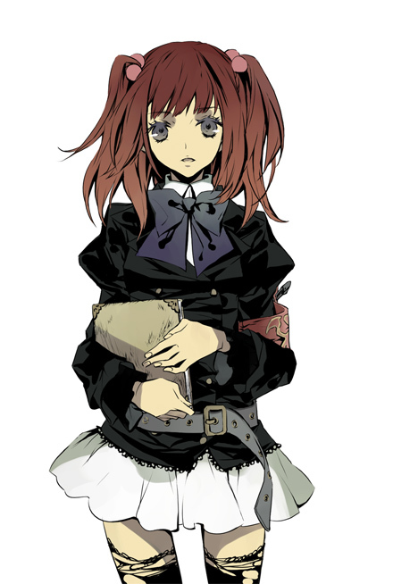 ayko, oono eiko, ushiromiya ange, umineko no naku koro ni, 00s, 1girl, armband, belt, blue eyes, book, female focus, frills, hair bobbles, hair ornament, holding, jacket, red hair, ribbon, solo, thigh gap, thighhighs, thighs, torn clothes, torn thighhighs, twintails, two side up, zettai ryouiki