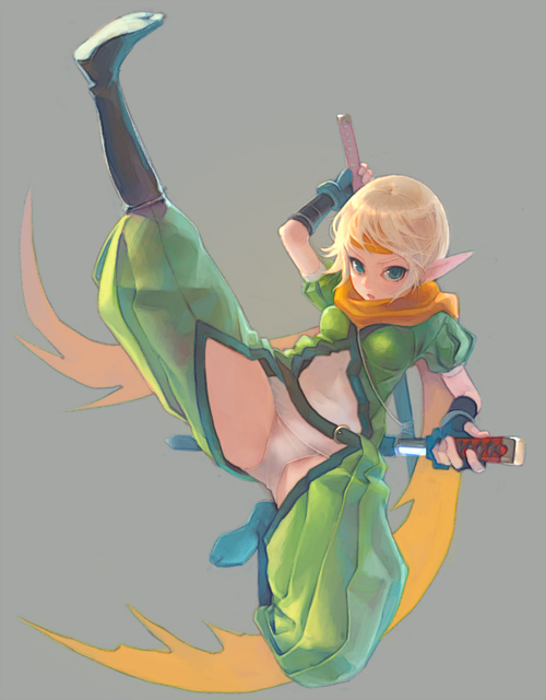 weno, original, 1girl, blonde hair, blue eyes, breasts, dual wielding, elf, female focus, fingerless gloves, gloves, grey background, holding, holding weapon, kicking, orange scarf, panties, pointy ears, scarf, simple background, small breasts, solo, sword, underwear, weapon, white panties