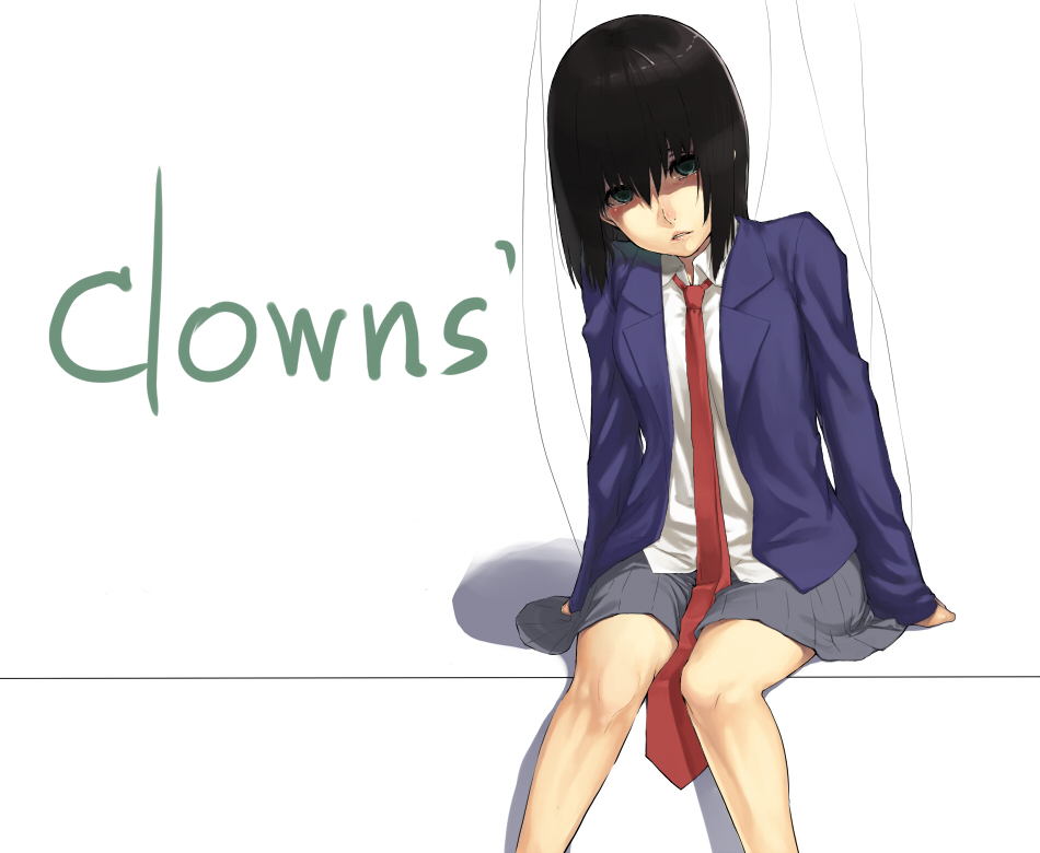 cior, black hair, green eyes, legs, necktie, school uniform, short hair, skirt, string, tears