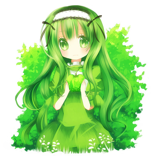 aruya (flosrota), original, bad id, bad pixiv id, apple, blush, dress, food, fruit, green eyes, green hair, green theme, hairband, long hair, solo