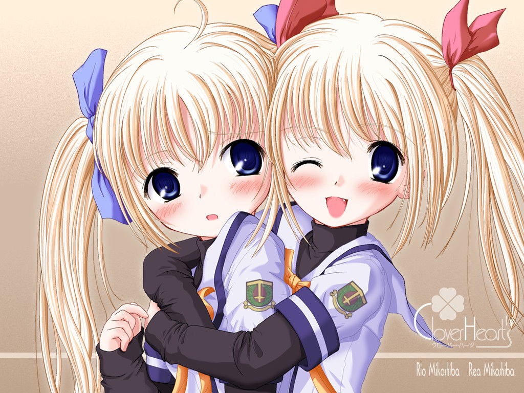 nimura yuuji, mikoshiba rea, mikoshiba rio, clover (series), clover heart's, saiga (company), non-web source, 2girls, ahoge, blonde hair, blue eyes, blush, child, fang, hug, long hair, multiple girls, one eye closed, school uniform, siblings, sisters, turtleneck, twins, twintails, wink