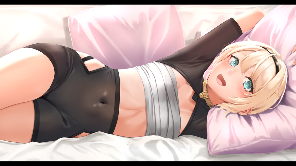 mutsumura ryuuichi, kazama iroha, hololive, commentary request, 1girl, :d, bed sheet, black hairband, black shorts, black shrug, blonde hair, blue eyes, blush, breasts, cameltoe, chest sarashi, clothing cutout, covered erect nipples, covered navel, cowboy shot, hair between eyes, hairband, hip vent, indoors, looking at viewer, lying, on bed, on side, open mouth, pillow, sarashi, short hair, short shorts, shorts, shrug (clothing), sidelocks, skin tight, small breasts, smile, solo, stomach, thighs, virtual youtuber