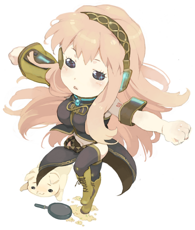 akusyu, megurine luka, double lariat (vocaloid), vocaloid, bad id, bad pixiv id, lowres, 1girl, :3, armband, armlet, black skirt, blush, chibi, female focus, frying pan, headphones, jewelry, long hair, long skirt, pink hair, side slit, skirt, solo, thighhighs, very long hair