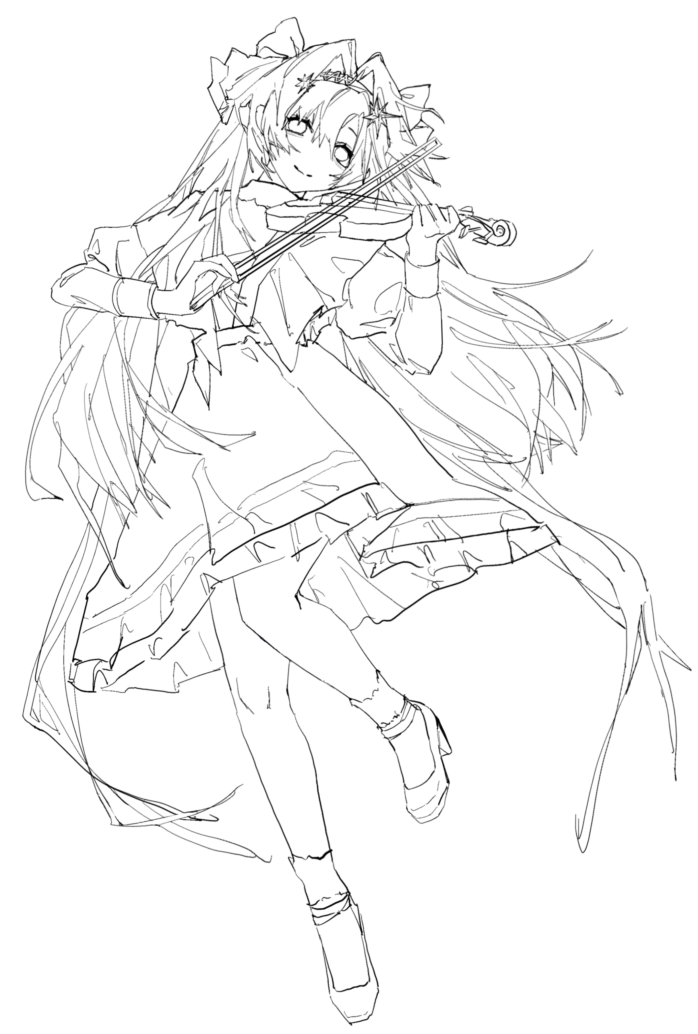 voyager (reverse:1999), reverse:1999, absurdres, highres, 1girl, bow (music), closed mouth, dress, full body, greyscale, hair intakes, hair ornament, hairband, hands up, holding, holding bow (music), holding instrument, holding violin, instrument, juliet sleeves, leg up, lineart, long hair, long sleeves, looking at viewer, monochrome, music, playing instrument, puffy sleeves, shoes, short dress, smile, socks, solo, standing, standing on one leg, star (symbol), star hair ornament, very long hair, violin, white background, yiyi jiang si le