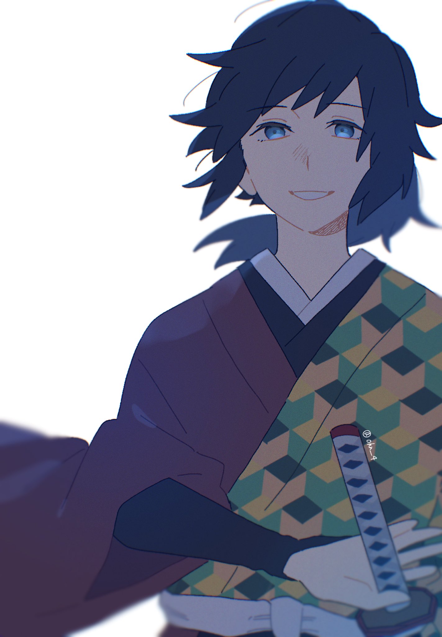 tomioka giyuu, kimetsu no yaiba, highres, 1boy, alternate costume, blue eyes, grin, holding, holding sword, holding weapon, japanese clothes, katana, kikkoumon, kimono, long hair, looking at viewer, low ponytail, male focus, o87 426, ponytail, print kimono, red kimono, simple background, smile, solo, sword, teeth, upper body, weapon, white background