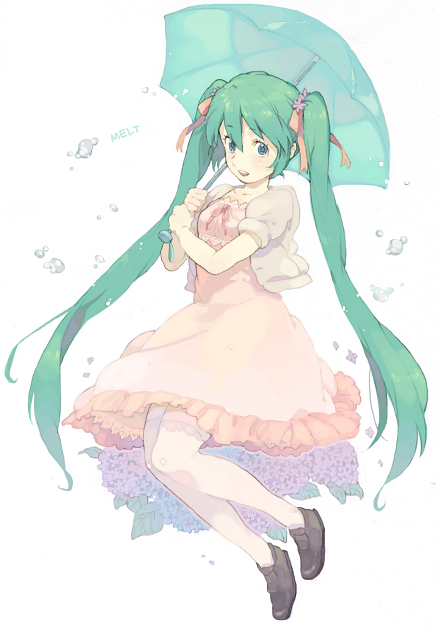 akusyu, hatsune miku, melt (vocaloid), vocaloid, bad id, bad pixiv id, 1girl, aqua eyes, aqua hair, cardigan, dress, female focus, flower, frills, hair ribbon, hydrangea, long hair, ribbon, solo, thighhighs, twintails, umbrella, water drop