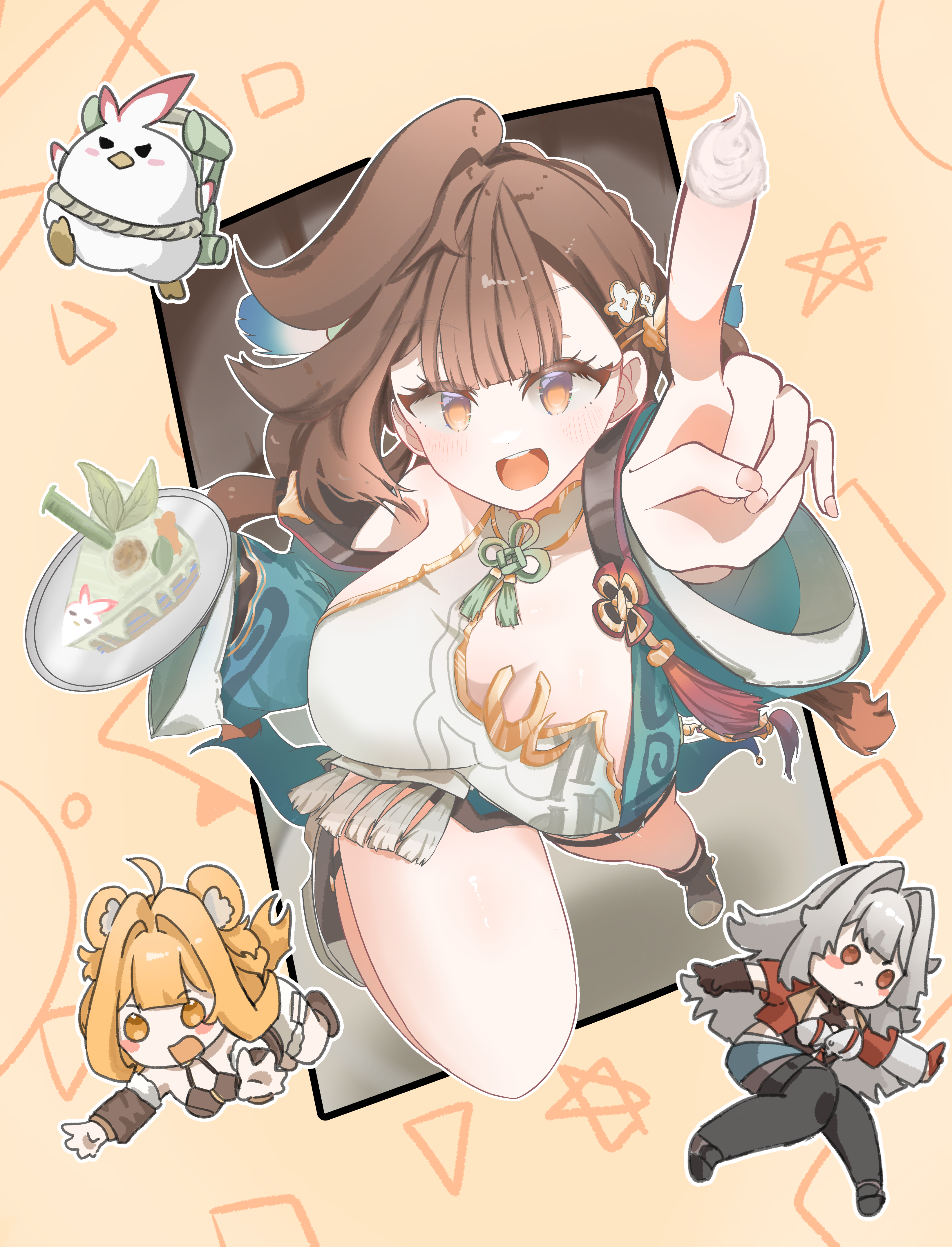 eria0909, erdos helia, erdos helia (valkyrie boltstorm), jingwei (bird), li sushang, li sushang (peregrine sword), susannah manatt, susannah manatt (bear squad go!), susannah manatt (valkyrie quicksand), honkai (series), honkai impact 3rd, absurdres, commentary request, highres, korean commentary, 3girls, :<, :d, ahoge, animal ears, bear ears, blonde hair, breasts, brown eyes, brown hair, brown sleeves, cake, cake slice, character name, china dress, chinese clothes, closed mouth, dress, fake animal ears, fingernails, food, full body, grey hair, holding, holding plate, large breasts, long hair, looking at viewer, multiple girls, open mouth, orange background, outstretched arm, plate, smile, yellow eyes