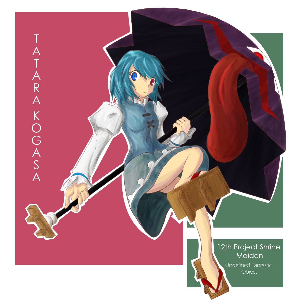 dmt (auburn), tatara kogasa, touhou, bad id, bad pixiv id, highres, 1girl, blue hair, character name, female focus, geta, heterochromia, karakasa obake, no socks, sandals, shadow, short hair, solo, tongue, umbrella
