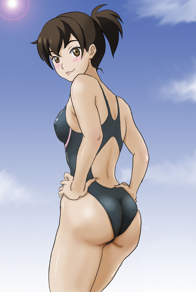 orion, orion (baranomitsu), yanase chizuru, ga-rei, ga-rei zero, 00s, 1girl, :3, ass, blush, brown eyes, brown hair, competition swimsuit, female focus, from behind, hands on own hips, looking back, one-piece swimsuit, ponytail, short hair, smile, solo, swimsuit