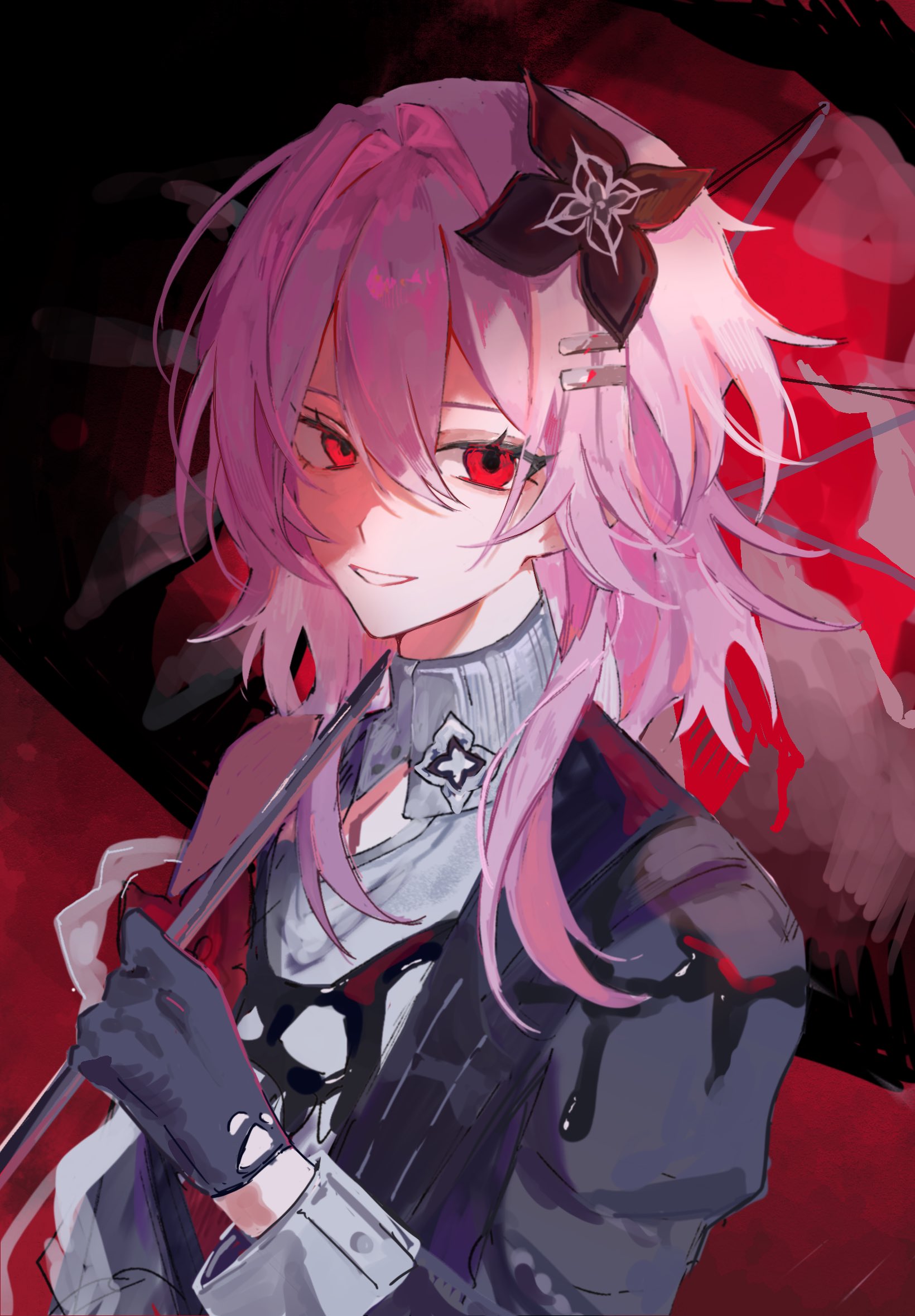 suzu (0943 su), evernight (honkai: star rail), march 7th (honkai: star rail), honkai: star rail, honkai (series), highres, 1girl, asymmetrical dress, black dress, black flower, black gloves, black umbrella, dress, flower, flower ornament, gloves, hair between eyes, hair flower, hair ornament, hairclip, holding, holding umbrella, long hair, long sleeves, looking at viewer, official alternate eye color, parted lips, pink hair, red eyes, single bare shoulder, smile, solo, teeth, umbrella, upper body
