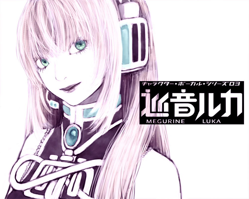 akatsuki byakuya, megurine luka, vocaloid, bad id, bad pixiv id, 1girl, :d, aqua eyes, bare shoulders, black lips, blue gemstone, brooch, character name, female focus, gem, headphones, headset, jewelry, lips, lipstick, long hair, looking at viewer, makeup, open mouth, pink hair, simple background, smile, solo, text focus, upper body, white background