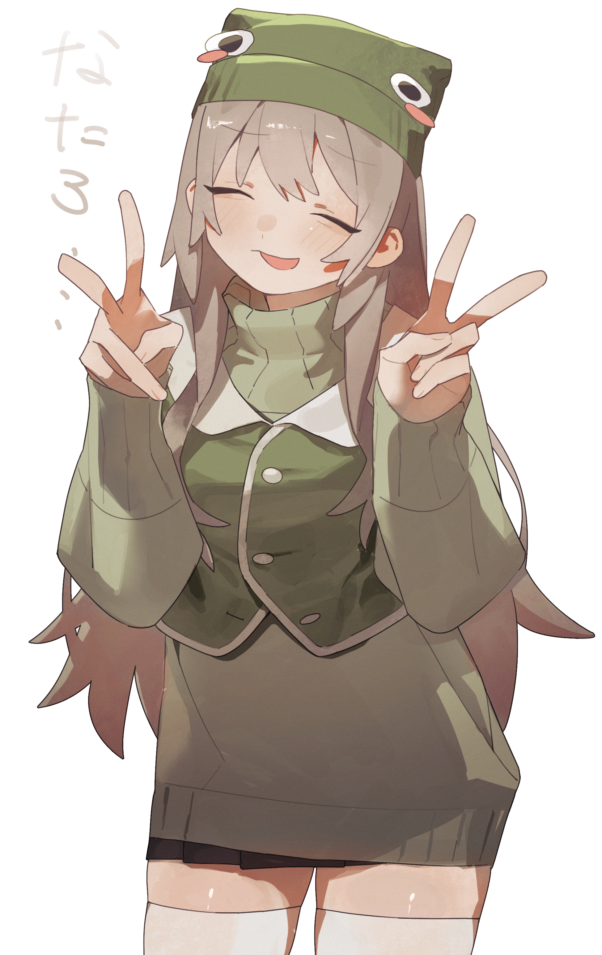 minecraft youtube, absurdres, highres, …, 1girl, 50-nin craft, aegyo sal, beanie, black skirt, blush, blush stickers, buttons, character name, closed eyes, contrapposto, double v, facing viewer, frog hat, furrowed brow, green hat, green sweater, green vest, grey hair, hands up, hat, head tilt, long hair, miniskirt, namegata, nervous smile, open mouth, pleated skirt, senataro, shiny skin, simple background, skirt, smile, solo, standing, sweater, thighhighs, turtleneck, turtleneck sweater, v, vest, w arms, white background, white thighhighs, zettai ryouiki