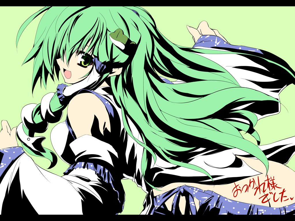 delusion overdose, matsuno canel, kochiya sanae, touhou, translation request, 1girl, ass, breasts, detached sleeves, female focus, green hair, high contrast, japanese clothes, long hair, miko, ribbon, simple background, solo