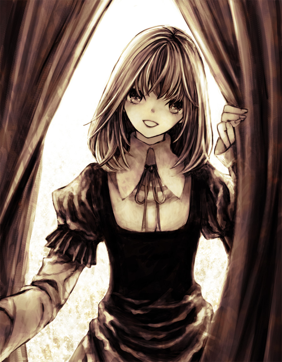 akatsuki byakuya, bad id, bad pixiv id, 1girl, bow, brown theme, curtains, dress, female focus, head tilt, layered sleeves, long sleeves, monochrome, sepia, short over long sleeves, short sleeves, smile, solo, white background