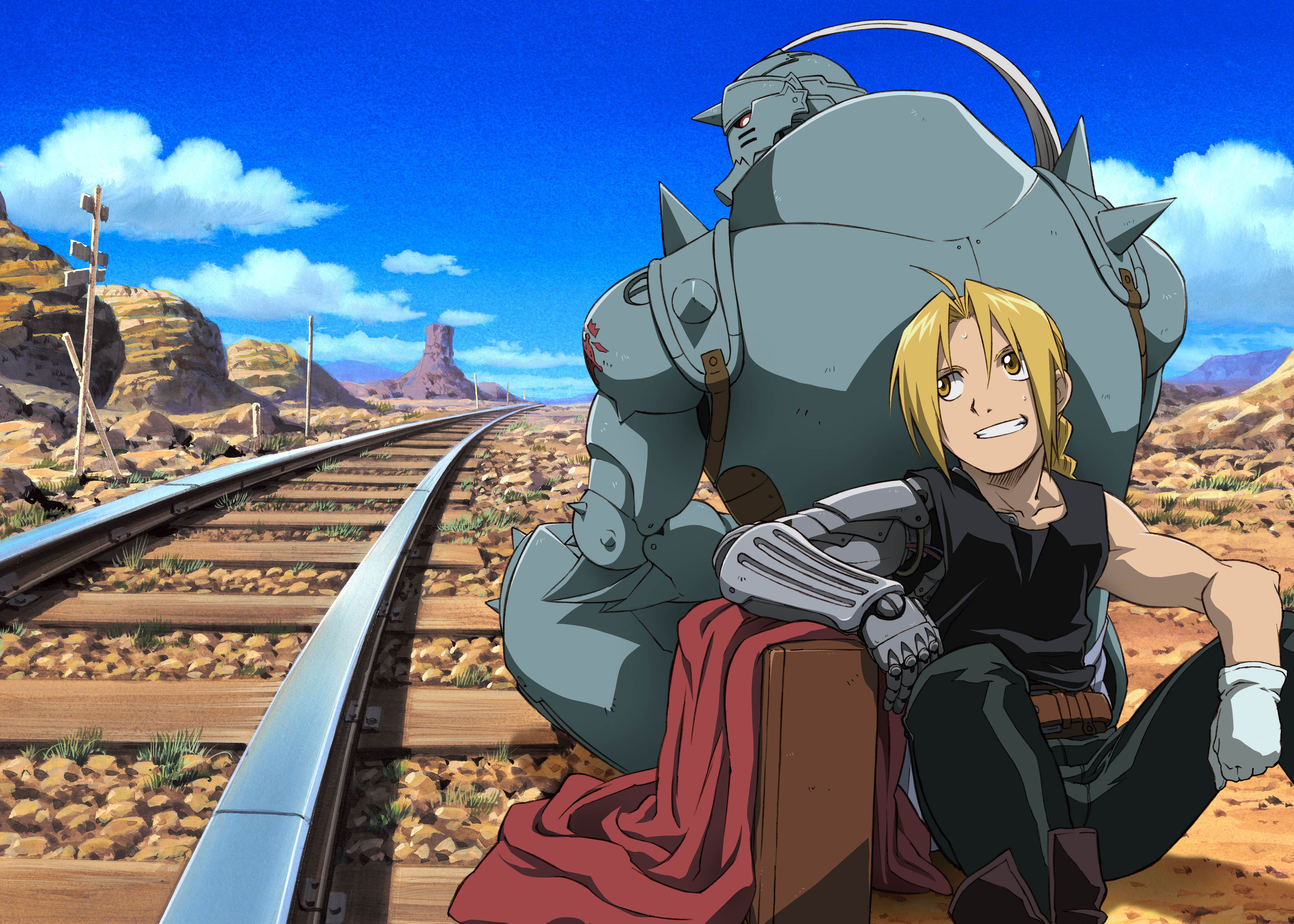alphonse elric, edward elric, fullmetal alchemist, absurdres, highres, official art, 00s, 2boys, ahoge, armor, back-to-back, blonde hair, braid, brothers, gloves, grin, male focus, multiple boys, prosthesis, railroad tracks, siblings, single braid, smile, sweat, yellow eyes
