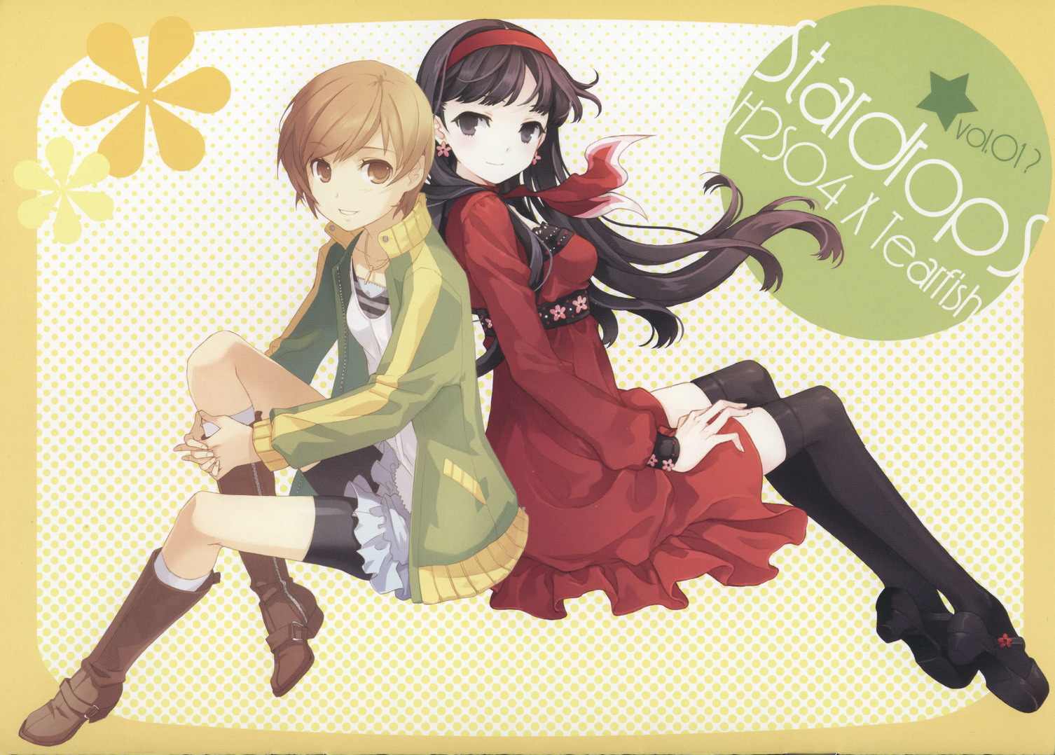 h2so4, tearfish, amagi yukiko, satonaka chie, atlus, persona, persona 4, white legwear, 2girls, back-to-back, bike shorts, black hair, black socks, blouse, boots, brown hair, earrings, full body, hairband, interlocked fingers, invisible chair, jewelry, kneehighs, long hair, miniskirt, multiple girls, necklace, outside border, own hands together, shirt, short hair, sitting, skirt, socks, striped clothes, striped shirt, swept bangs, thighhighs, tomboy, white shirt
