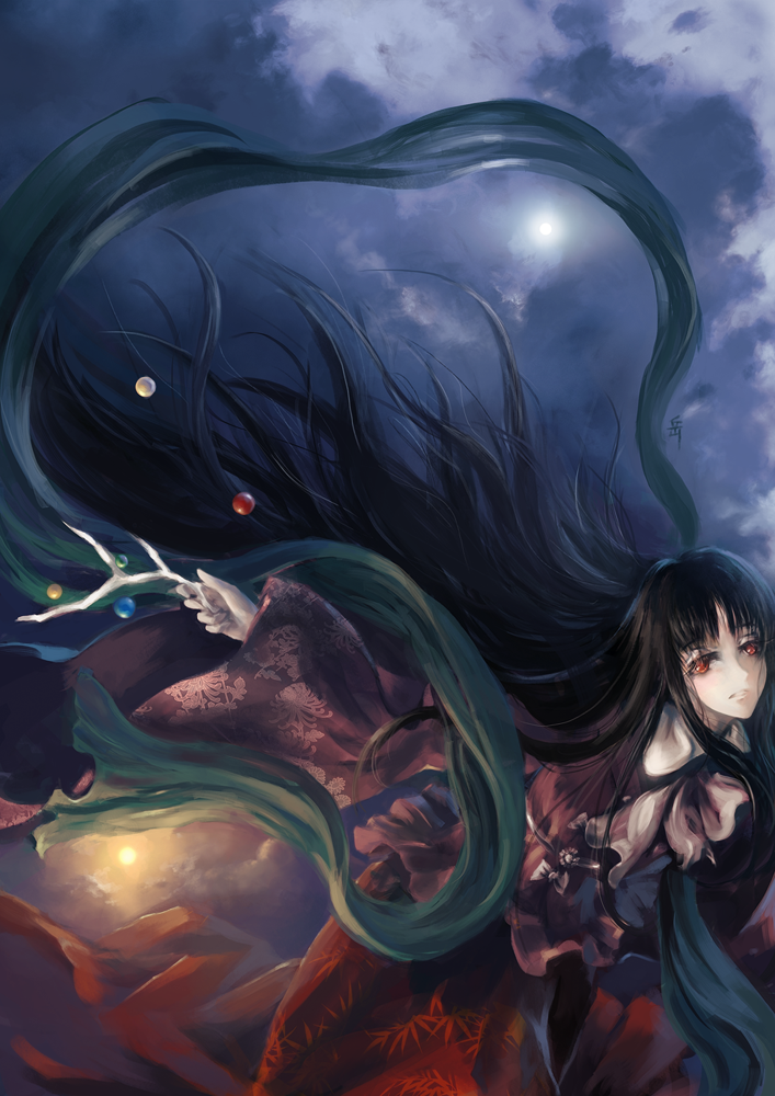 archlich, houraisan kaguya, touhou, bad id, bad pixiv id, 1girl, black hair, branch, female focus, jeweled branch of hourai, long hair, looking at viewer, red eyes, sky, solo
