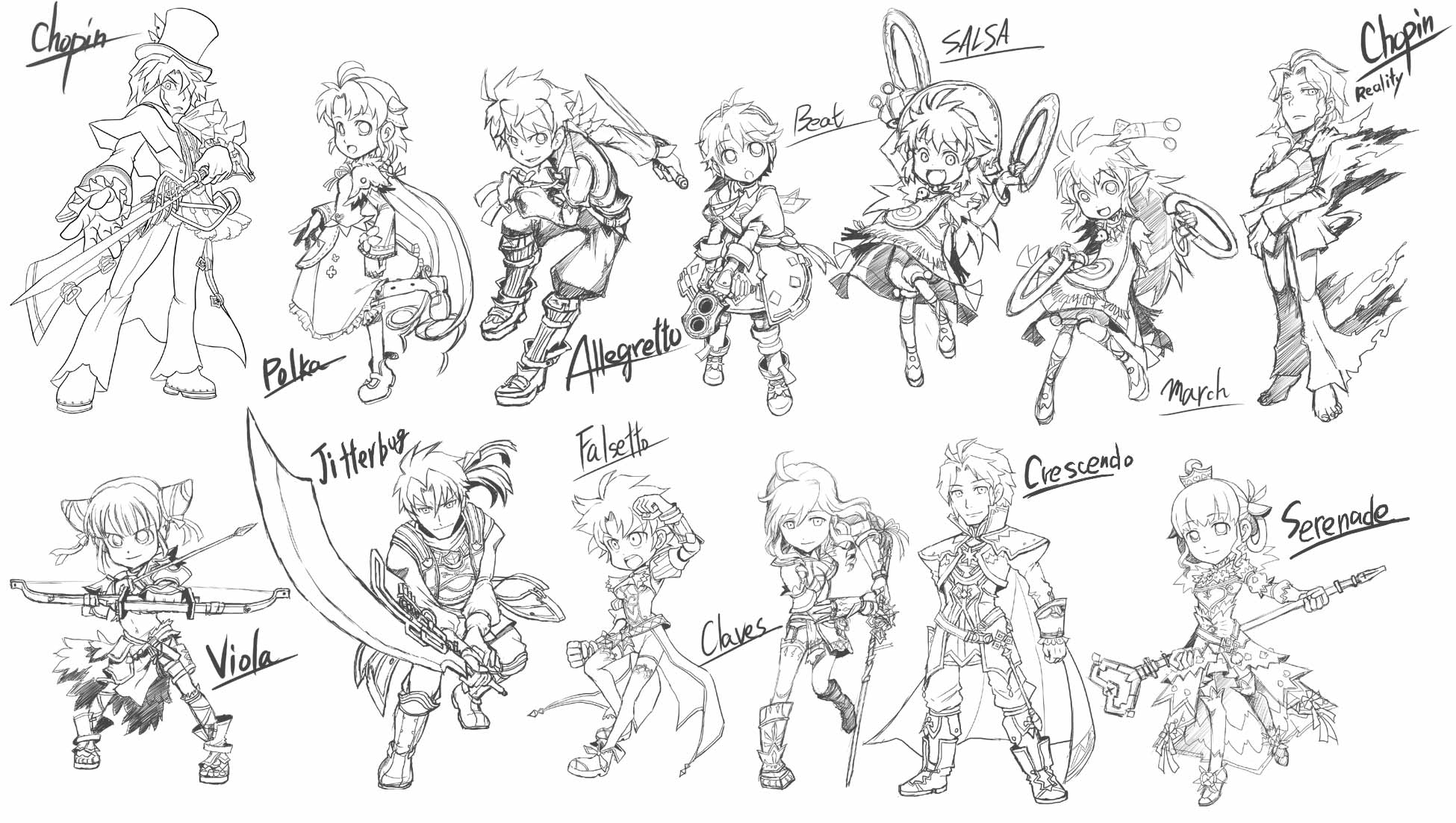 hige (artist), hige (yosemite), allegretto, beat, beat (trusty bell), claves, crescendo (trusty bell), falsetto, frederic chopin (trusty bell), jitterbug (trusty bell), march (trusty bell), polka (trusty bell), salsa, salsa (trusty bell), serenade (trusty bell), viola, atlus, etrian odyssey, trusty bell, highres, 6+boys, 6+girls, bow (weapon), cone hair bun, greyscale, hair bun, monochrome, multiple boys, multiple girls, parody, sword, weapon