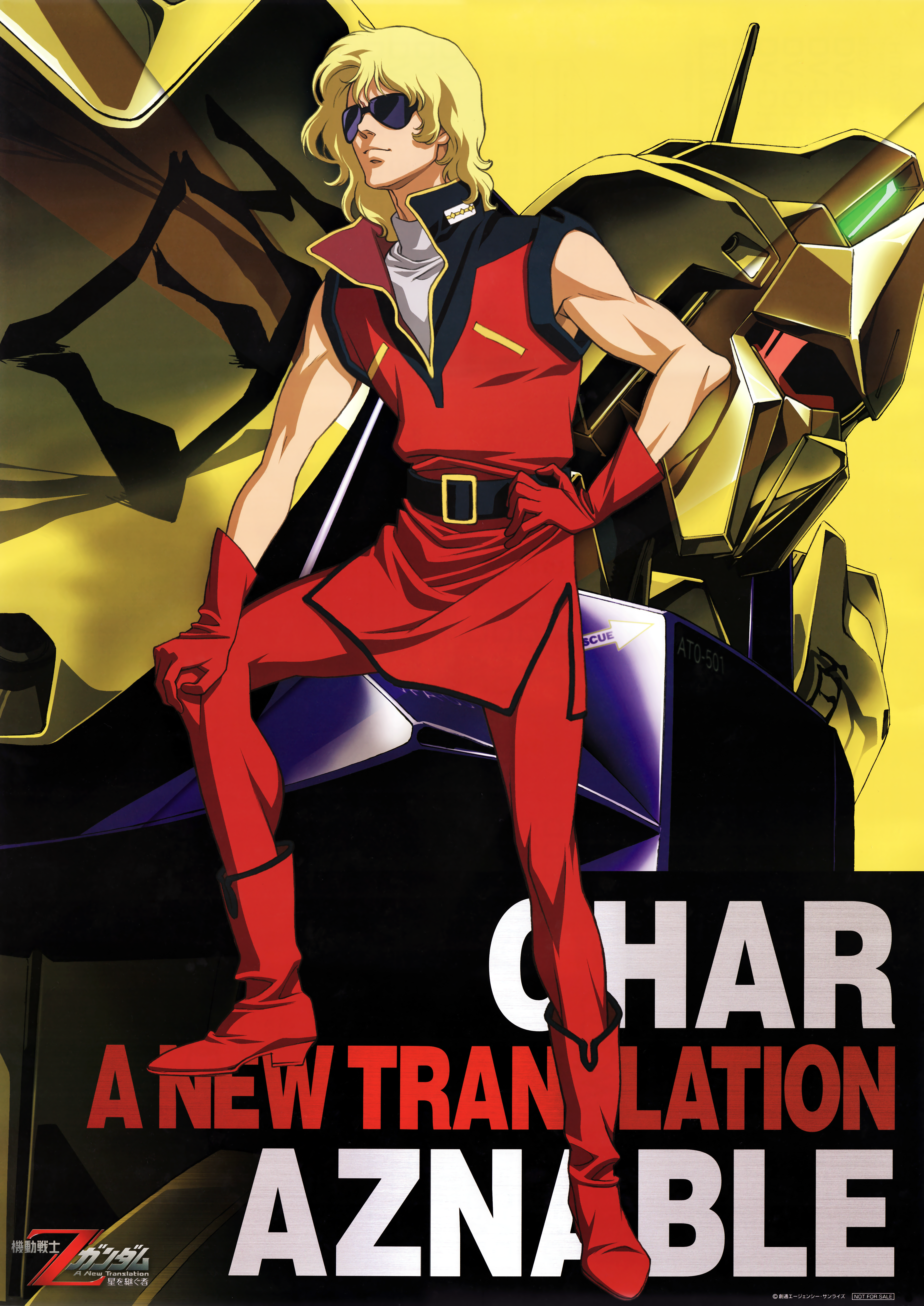 naka morifumi, onda naoyuki, char aznable, hyaku shiki, quattro bajeena, gundam, zeta gundam, zeta gundam: a new translation, absurdres, artist collaboration, highres, scan, traditional media, 1boy, aeug, bare shoulders, blonde hair, character name, hand on own hip, logo, machinery, mecha, military rank insignia, military uniform, mixed-language text, mobile suit, mullet, radio antenna, robot, science fiction, sunglasses, title, vest