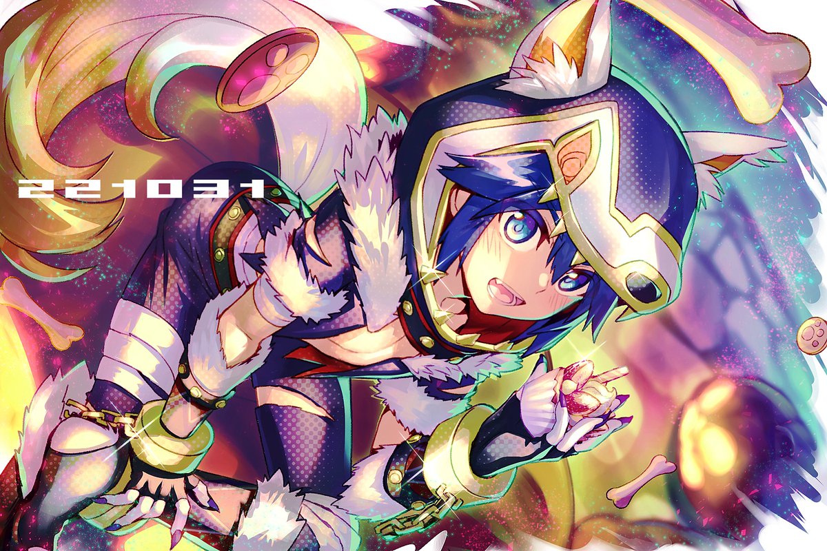 yuki (yuki2061), dean stark, wild arms, wild arms 5, 1boy, animal costume, blue eyes, blue hair, halloween, halloween costume, looking at viewer, male focus, nail polish, open mouth, smile, solo, wolf costume