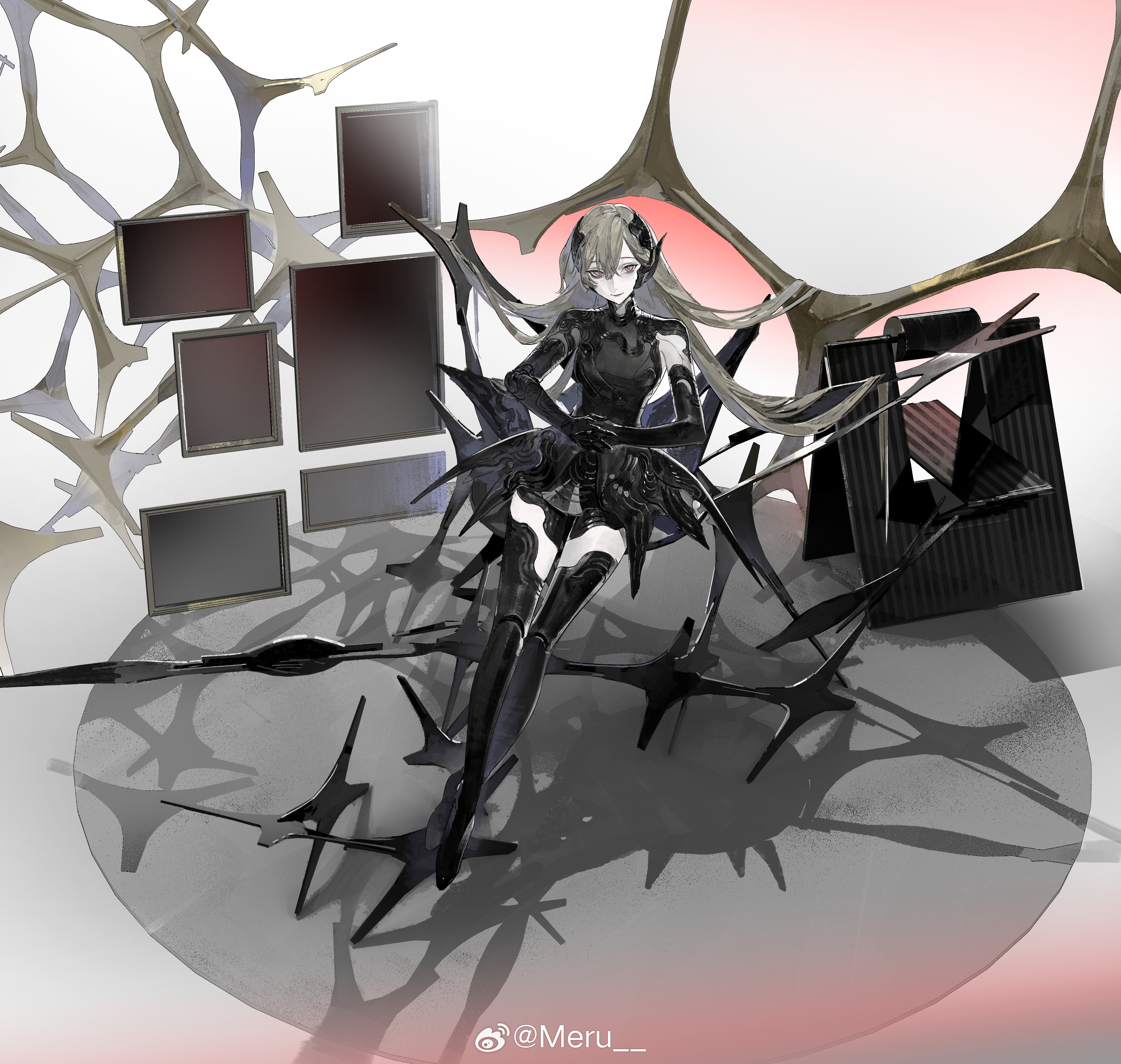 meru02295238, original, absurdres, chinese commentary, commentary request, highres, 1girl, black boots, black dress, black gloves, blonde hair, boots, chair, crossed legs, dress, elbow gloves, full body, gloves, hair between eyes, headgear, interlocked fingers, joints, legs together, long hair, mechanical arms, own hands together, red eyes, robot joints, seams, shadow, short dress, shorts under dress, single elbow glove, single mechanical arm, sitting, solo, thigh boots, very long hair, watermark, weibo username, weibo watermark