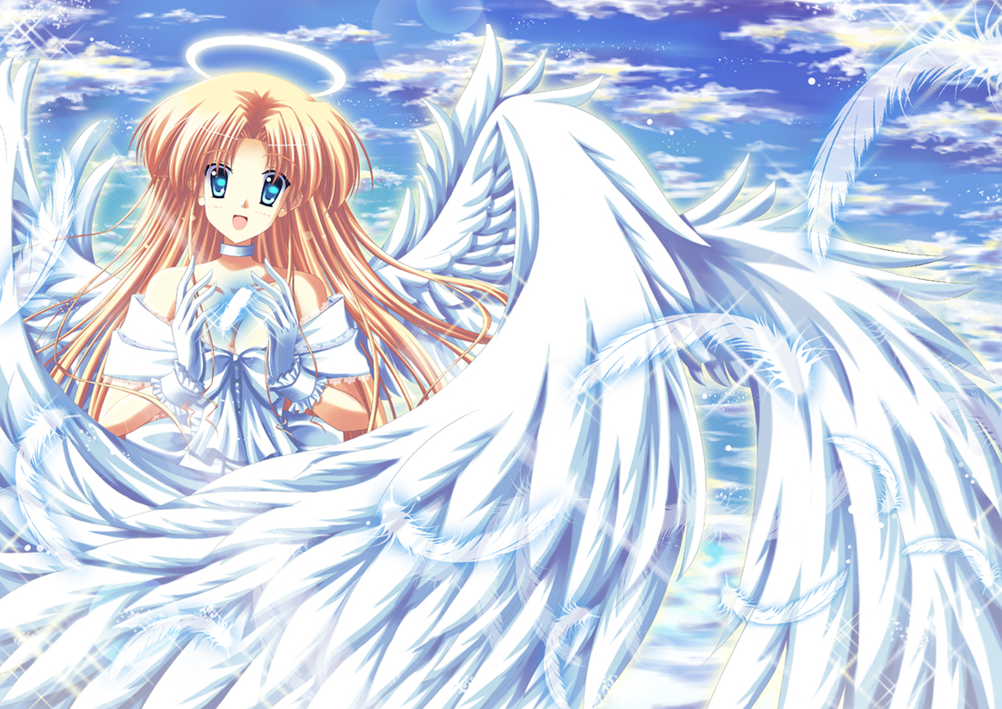 vashaps2, hayama mizuki, ef (visual novel), bad id, bad pixiv id, 00s, 1girl, angel, blonde hair, blue eyes, cloud, day, feathers, female focus, gloves, halo, long hair, sky, solo, traditional halo, wings