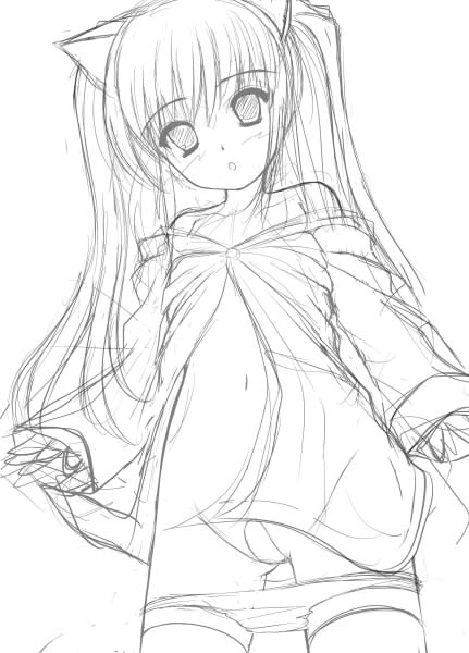 merumeru, kooh (pangya), pangya, 1girl, bandaid, female focus, greyscale, loli, long hair, maebari, monochrome, panties, panty pull, sketch, solo, underwear