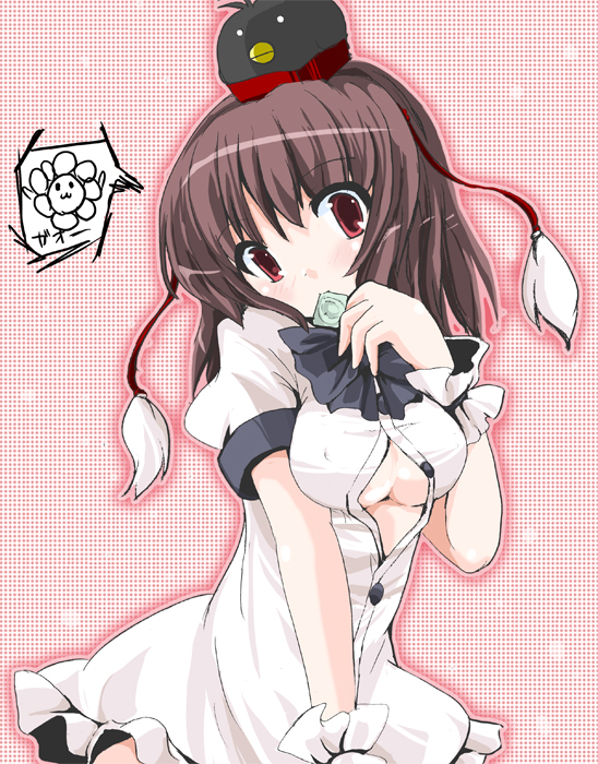 fa no hito, shameimaru aya, touhou, bad id, bad pixiv id, 1girl, blush, breasts, condom, condom in mouth, female focus, looking at viewer, mouth hold, open clothes, open shirt, shirt, solo