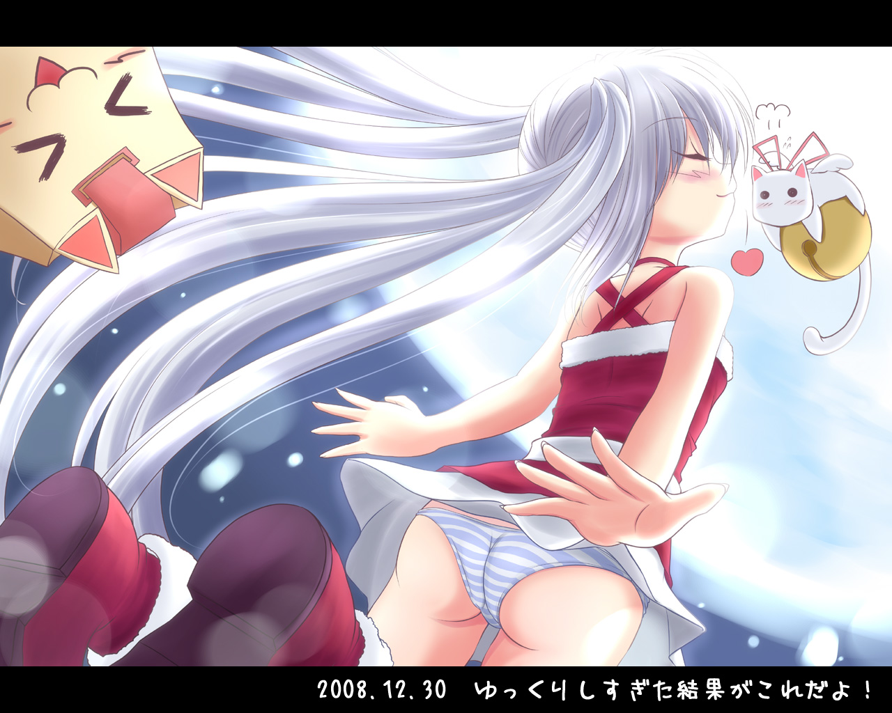 merumeru, kooh (pangya), papel (pangya), pangya, translated, :3, arms behind back, boots, christmas, letterboxed, loli, long hair, panties, solo, striped clothes, striped panties, underwear, white hair