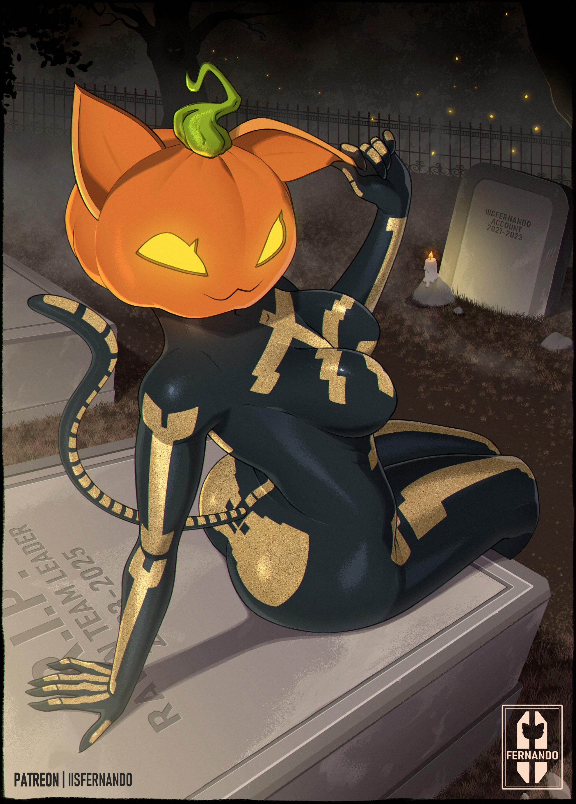 darkiisfernando, spice (fortnite), fortnite, absurdres, commentary, highres, making-of available, 1girl, :3, animal ears, arm support, artist name, black bodysuit, bodysuit, breasts, cat tail, fog, from side, glowing, glowing eyes, graveyard, hand on own ear, impossible bodysuit, impossible clothes, jack-o'-lantern head, large breasts, looking at viewer, night, outdoors, pumpkin head, sitting, skeleton print, solo, tail, tombstone