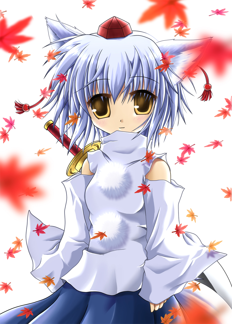 hz, iwaki hazuki, inubashiri momiji, touhou, highres, 1girl, animal ears, detached sleeves, female focus, hat, leaf, plant, short hair, solo, standing, sword, tail, tokin hat, weapon, white background, white hair, wolf, wolf ears, wolf tail, yellow eyes