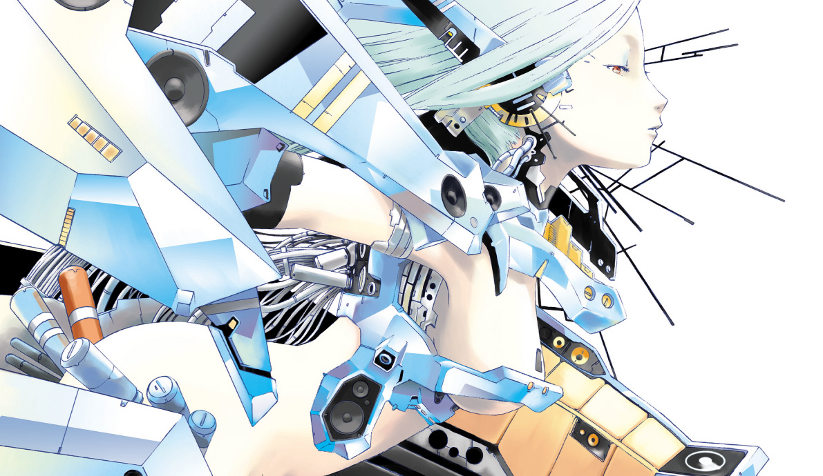 ak2, original, 1girl, female focus, long hair, mecha musume, orange eyes, solo, white hair