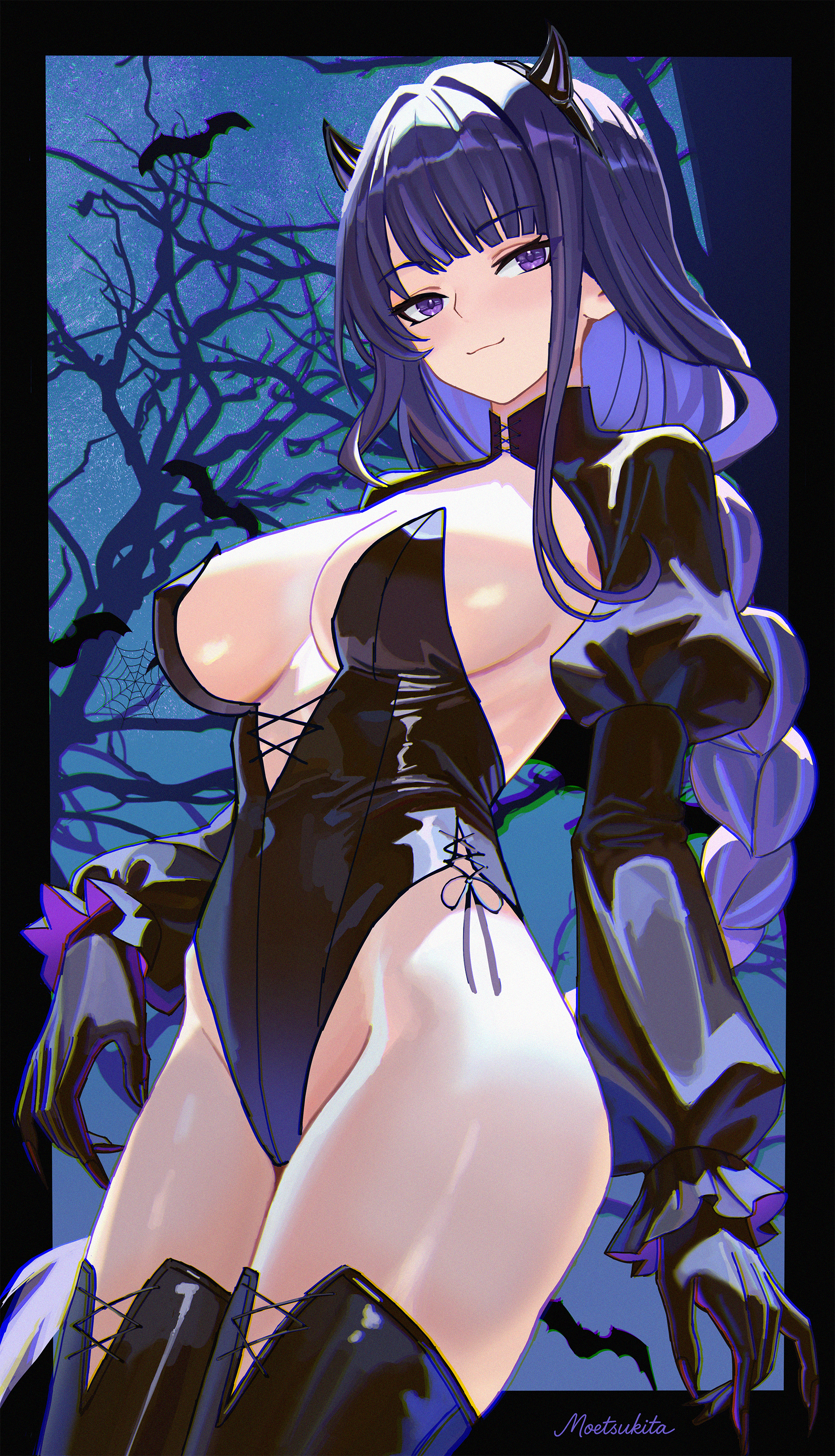 moetsukita, raiden shogun, genshin impact, absurdres, commentary, english commentary, highres, 1girl, alternate costume, artist name, ass, black boots, black gloves, blunt bangs, bodysuit, boots, braid, breasts, demon, demon horns, frilled sleeves, frills, gloves, hair ornament, halloween, headpiece, horns, huge ass, huge breasts, large breasts, latex, latex bodysuit, latex gloves, lingerie, long braid, long hair, looking at viewer, multicolored hair, no mole, outdoors, pale skin, purple eyes, purple hair, single braid, smug, standing, streaked hair, thigh boots, thighs, underwear, upper body
