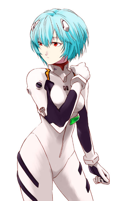 ak2, ayanami rei, neon genesis evangelion, 1girl, blue hair, bodysuit, cowboy shot, female focus, hair between eyes, hair ornament, hand on own shoulder, looking to the side, mecha pilot suit, pale skin, plugsuit (evangelion), red eyes, short hair, simple background, solo, turtleneck, white background