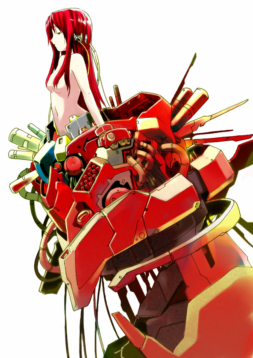 ak2, highres, 1girl, breasts, cable, censored, convenient censoring, female focus, long hair, mecha, mecha musume, medium breasts, red hair, robot, solo, topless female