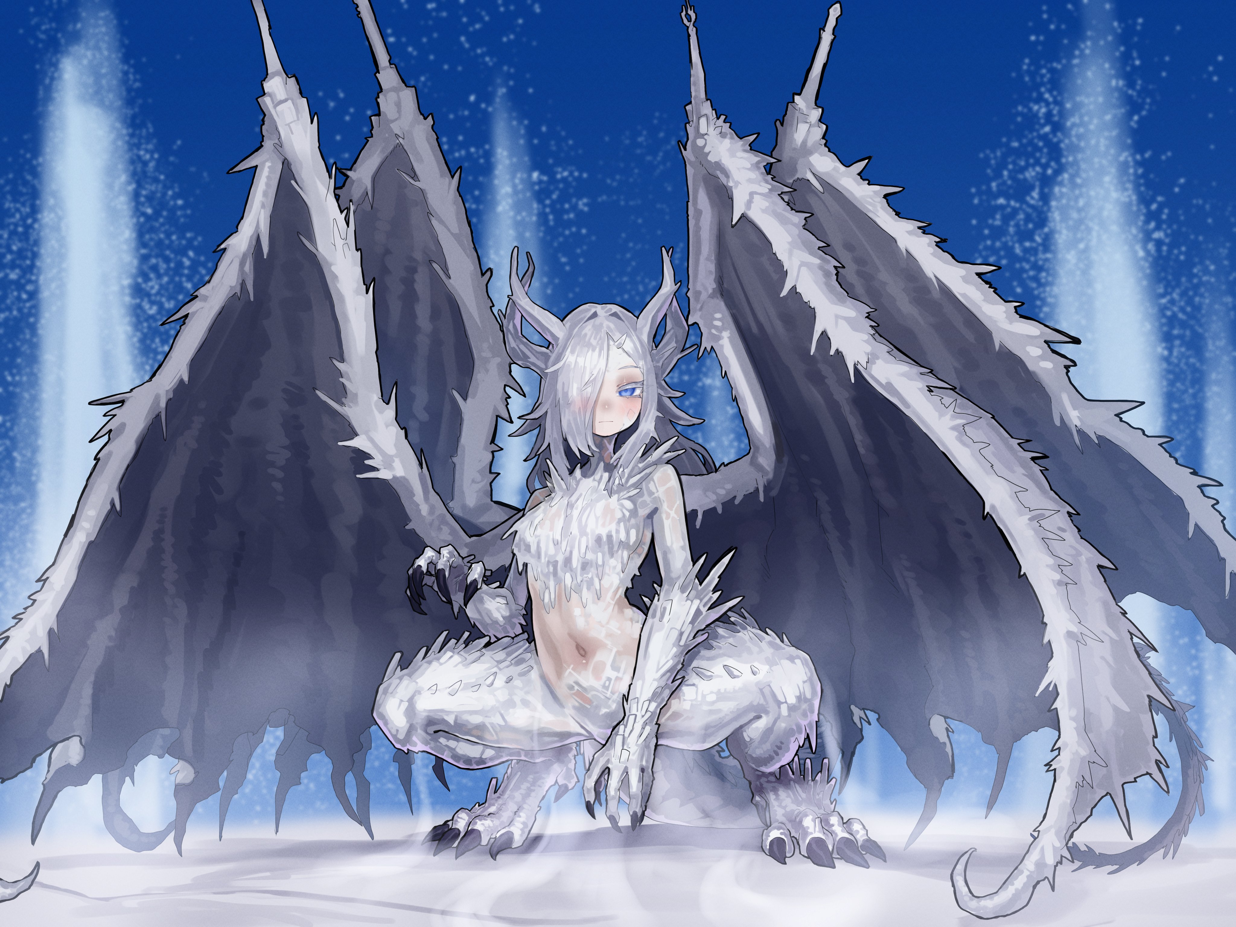 ekrea jan, caligo miasma of night, elden ring, elden ring nightreign, absurdres, commentary, highres, 1girl, blue background, breasts, claws, dragon girl, hair over one eye, horns, long hair, medium breasts, monster girl, multiple wings, navel, squatting, tail, wings