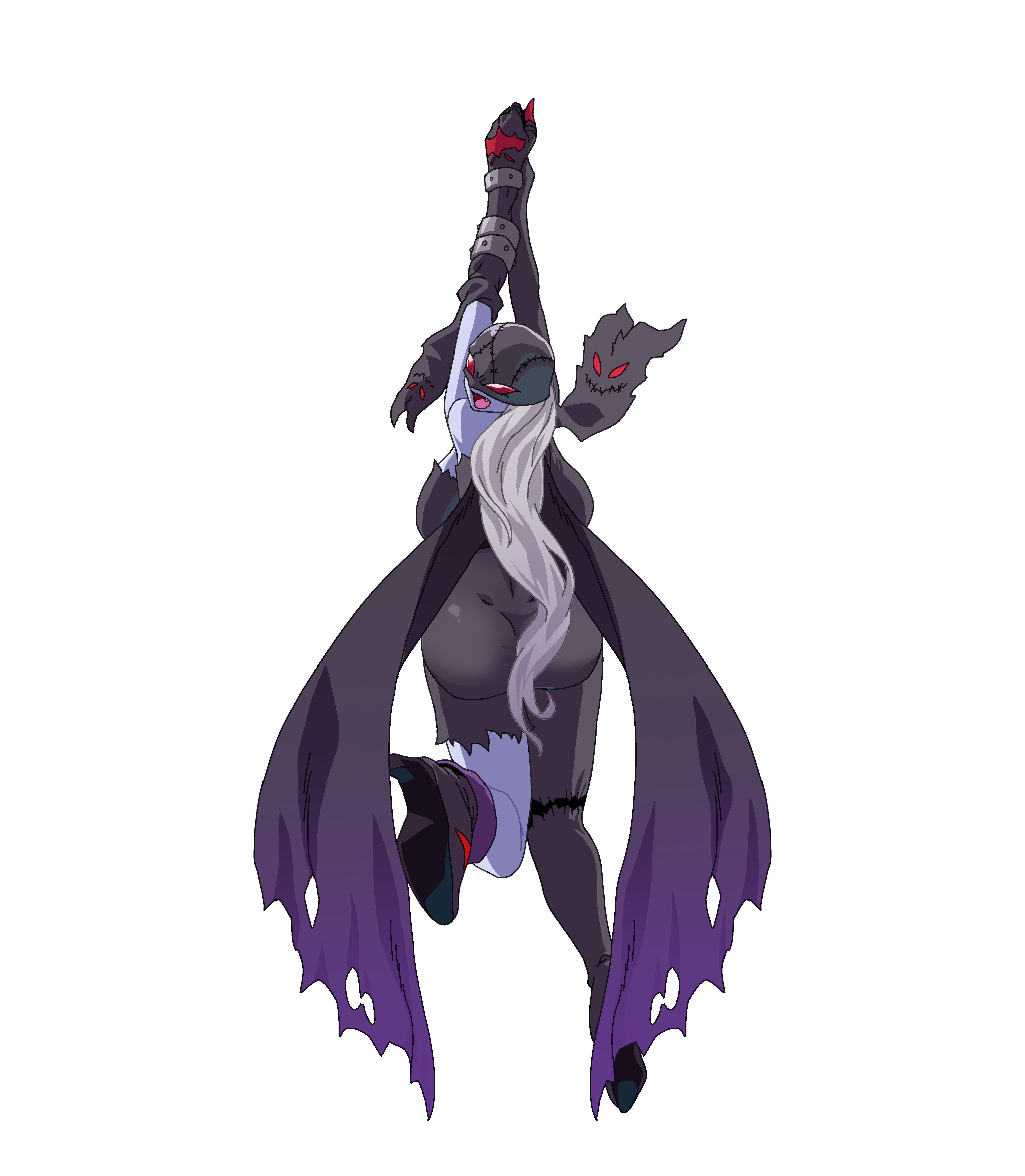gerusyu, ladydevimon, digimon, absurdres, highres, 1girl, ass, bare shoulders, demon, female focus, mask, open mouth, red eyes, simple background, thighs, white background