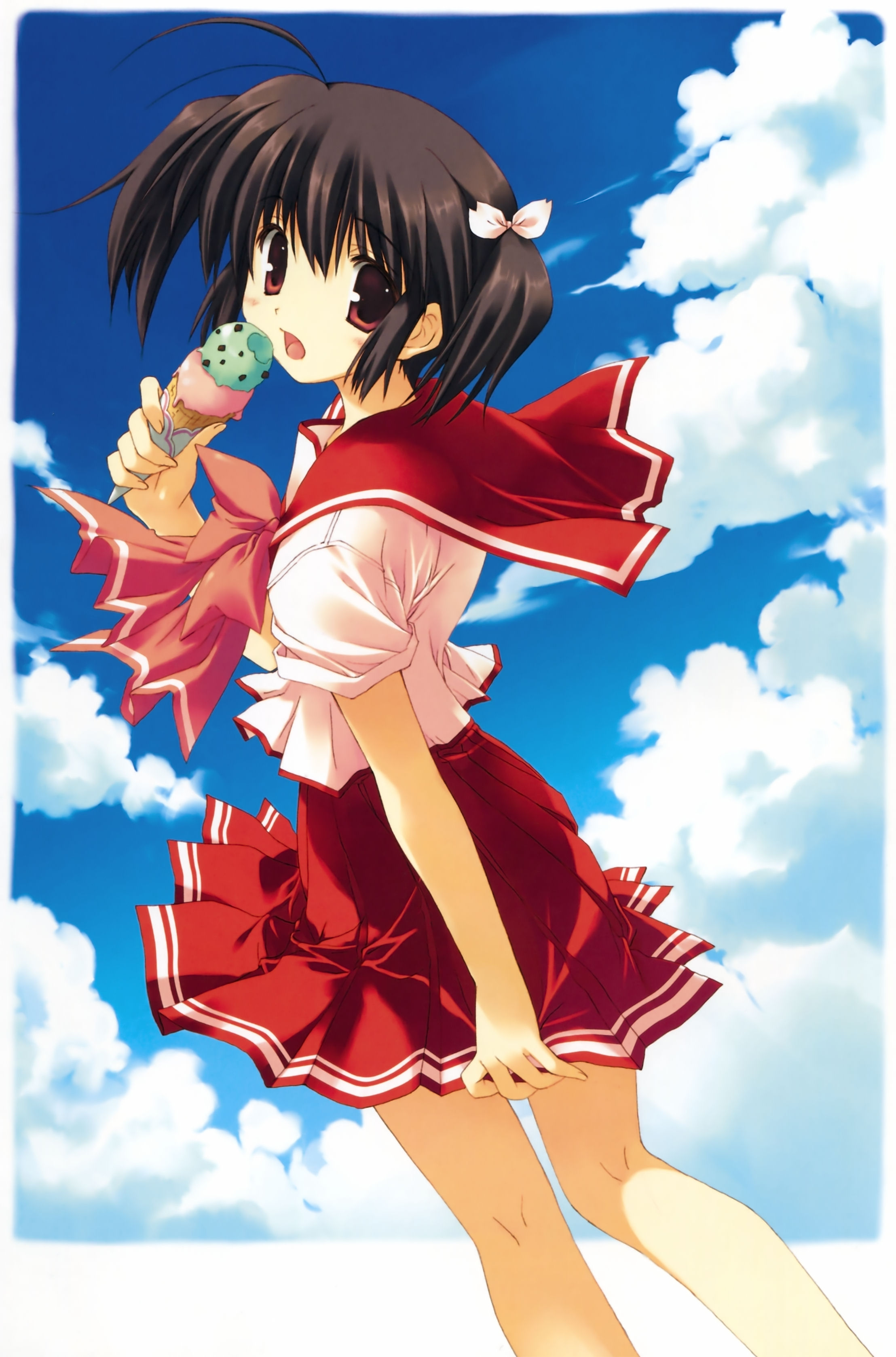 mitsumi misato, yuzuhara konomi, to heart (series), to heart 2, absurdres, highres, 00s, 1girl, ahoge, brown hair, cloud, day, eating, female focus, food, holding, holding food, holding ice cream, holding ice cream cone, ice cream, ice cream cone, kneepits, licking, red eyes, sailor collar, school uniform, serafuku, solo, tongue, tongue out, twintails