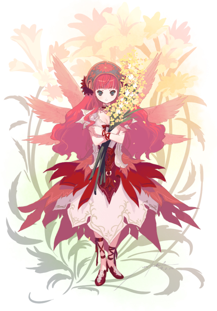 futaba jun, flower, long hair, red hair, red shoes, shoes, solo, wings
