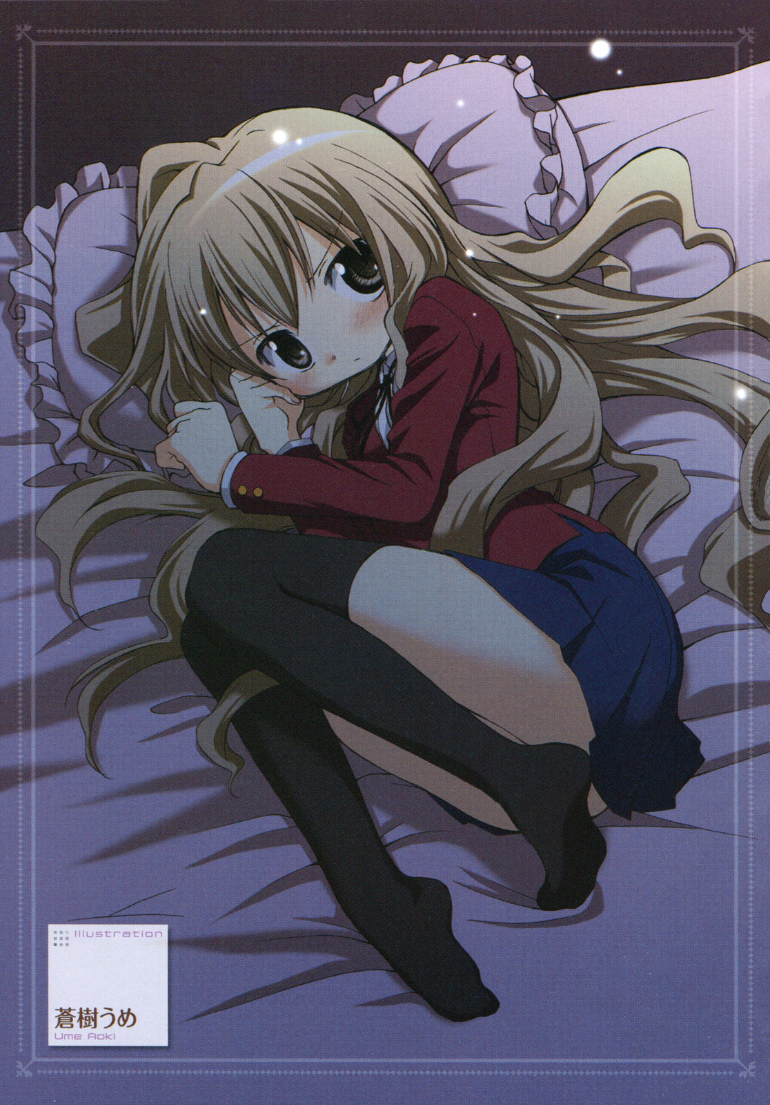 aoki ume, aisaka taiga, toradora!, highres, 00s, 1girl, bed, black thighhighs, brown eyes, brown hair, female focus, frilled pillow, frills, long hair, pillow, school uniform, solo, thighhighs