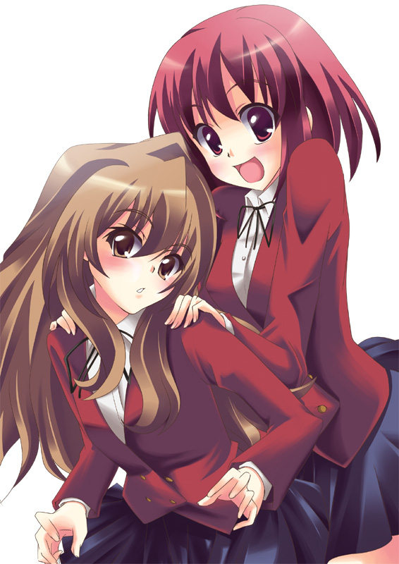 aisaka taiga, kushieda minori, toradora!, 00s, 2girls, brown eyes, brown hair, long hair, multiple girls, red eyes, red hair, school uniform, short hair