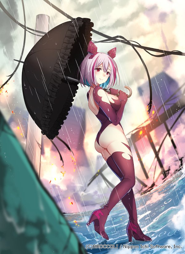 takase kou, z/x, official art, 1girl, animal ears, aqua hair, black umbrella, boots, breasts, colored inner hair, copyright notice, elbow gloves, fake animal ears, gem, gloves, grey hair, high heel boots, high heels, holding, holding umbrella, leotard, looking back, medium hair, multicolored hair, outdoors, pink hair, purple boots, purple gemstone, purple leotard, rain, red eyes, solo, tears, thigh boots, umbrella, wreckage, yato urara