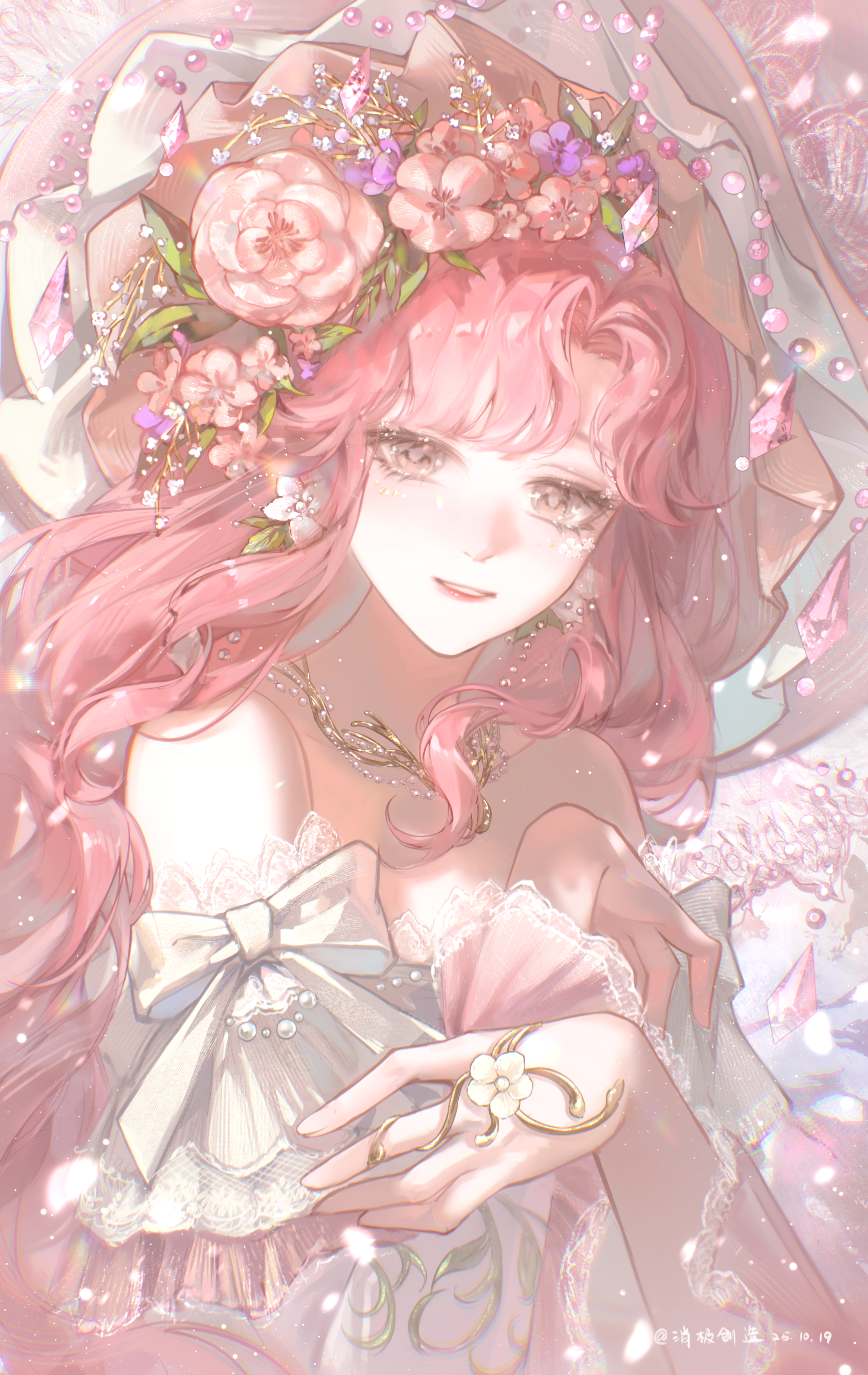 xiaoji chuangzao, nikki (nikki), infinity nikki, nikki (series), absurdres, chinese commentary, commentary request, highres, 1girl, bare shoulders, bead necklace, beads, blunt bangs, bow, brown eyes, dress, earrings, eyelashes, facial tattoo, flower, flower earrings, flower ring, flower tattoo, frilled headwear, frilled sleeves, frills, gold necklace, hair flower, hair ornament, hand on own arm, happy, hat, jewelry, lace-trimmed sleeves, lace trim, layered sleeves, leaf, light blush, light particles, lipstick, long hair, long sleeves, low twintails, makeup, necklace, off-shoulder dress, off shoulder, official alternate color, open mouth, parted bangs, petals, pink background, pink dress, pink flower, pink hair, pink hat, pink lips, purple flower, rainfall & blossoms (infinity nikki), short over long sleeves, short sleeves, sidelocks, sleeve bow, smile, solo, tattoo, teeth, twintails, upper body, upper teeth only, very long hair, wavy hair, white bow, white sleeves, witch, witch hat